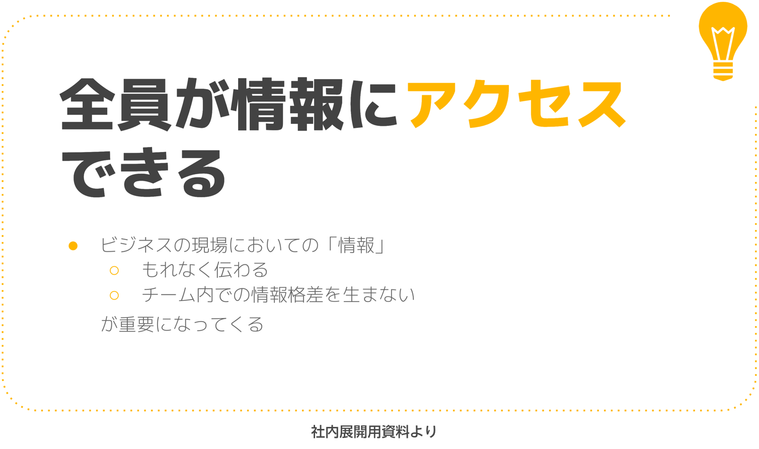 スライド:社内展開資料の一部,全員が情報にアクセスできる,と書かれている